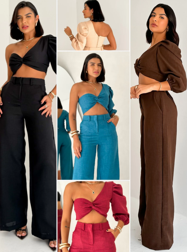 Conjunto Top Manga Única Balonê e Calça Pantalona em Linhão Gabriela