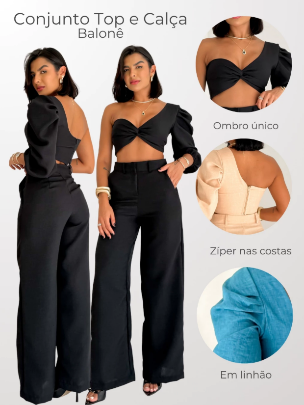 Conjunto Top Manga Única Balonê e Calça Pantalona em Linhão Gabriela