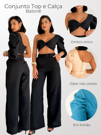 Conjunto Top Manga Única Balonê e Calça Pantalona em Linhão Gabriela