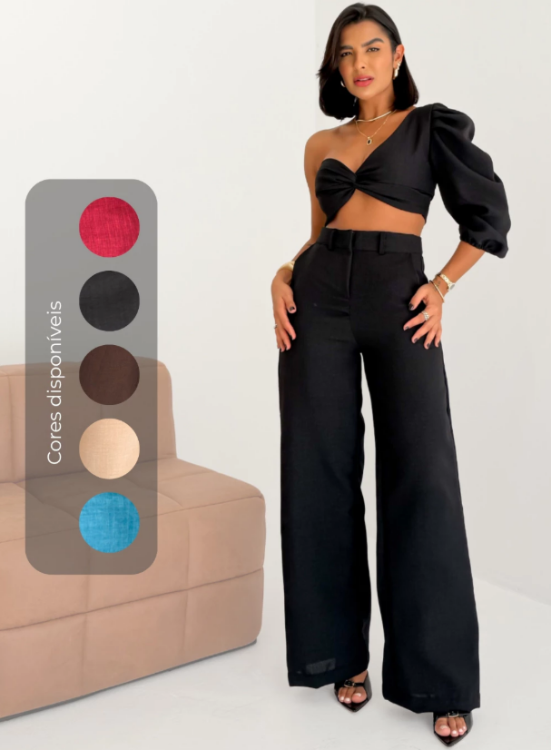 Conjunto Top Manga Única Balonê e Calça Pantalona em Linhão Gabriela