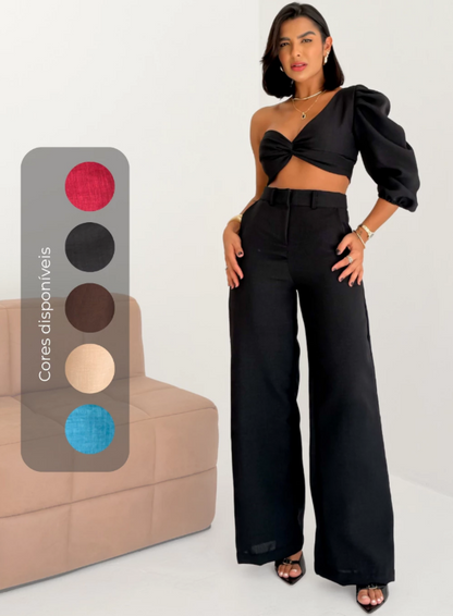 Conjunto Top Manga Única Balonê e Calça Pantalona em Linhão Gabriela