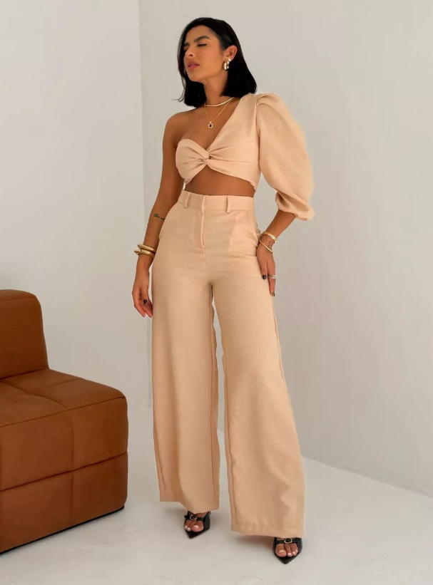 Conjunto Top Manga Única Balonê e Calça Pantalona em Linhão Gabriela