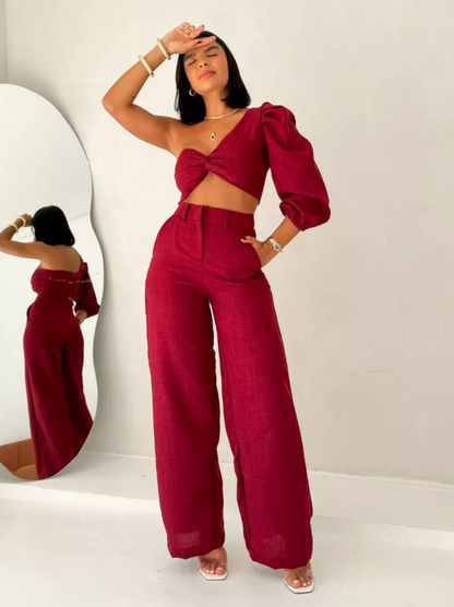 Conjunto Top Manga Única Balonê e Calça Pantalona em Linhão Gabriela