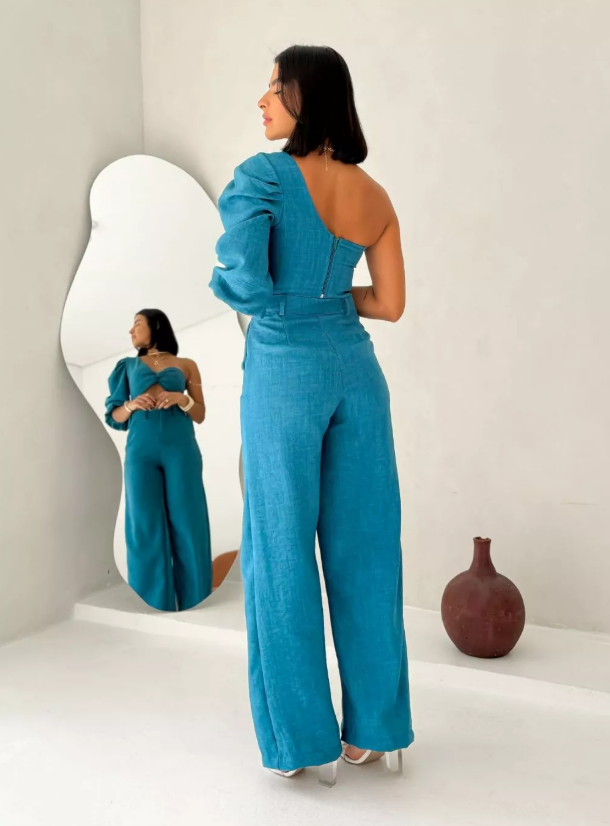 Conjunto Top Manga Única Balonê e Calça Pantalona em Linhão Gabriela