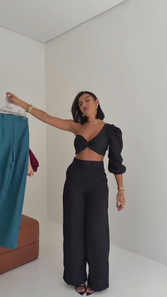 Conjunto Top Manga Única Balonê e Calça Pantalona em Linhão Gabriela